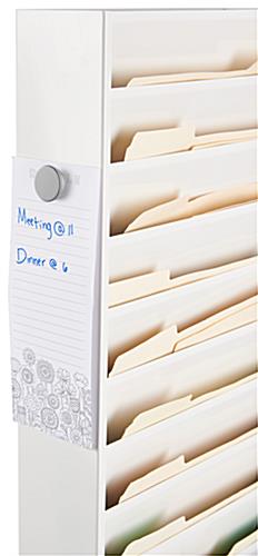 White metal wall mount file holder featuring a magnetic steel surface