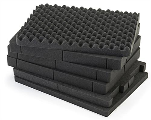 Cubed foam sheets with convoluted lid and 3 middle pluck layers along with 1 flat bottom pad