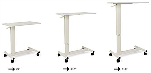 Overbed bedside table with wheels is height adjustable 