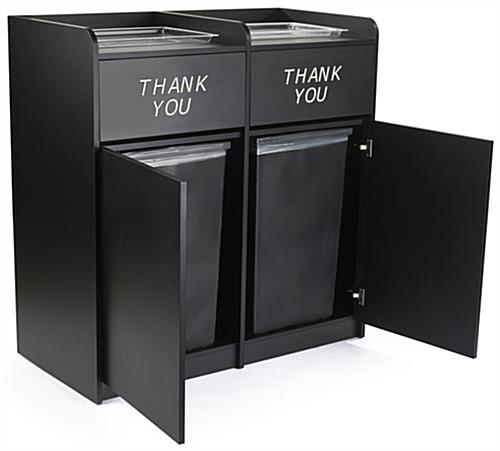 Side by side restaurant waste receptacles with swinging front doors 