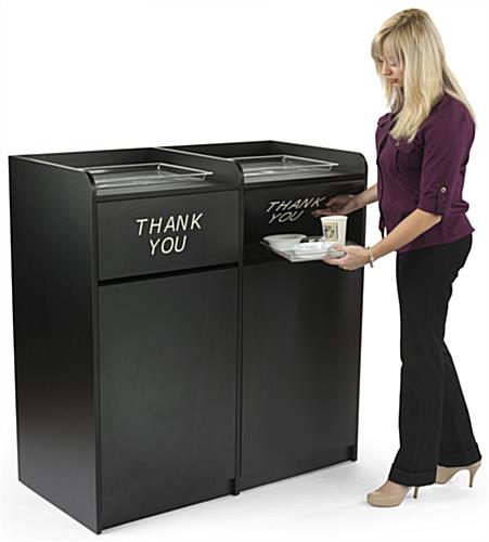 Side by side restaurant waste receptacles can fit trash barrels or recycling bins 