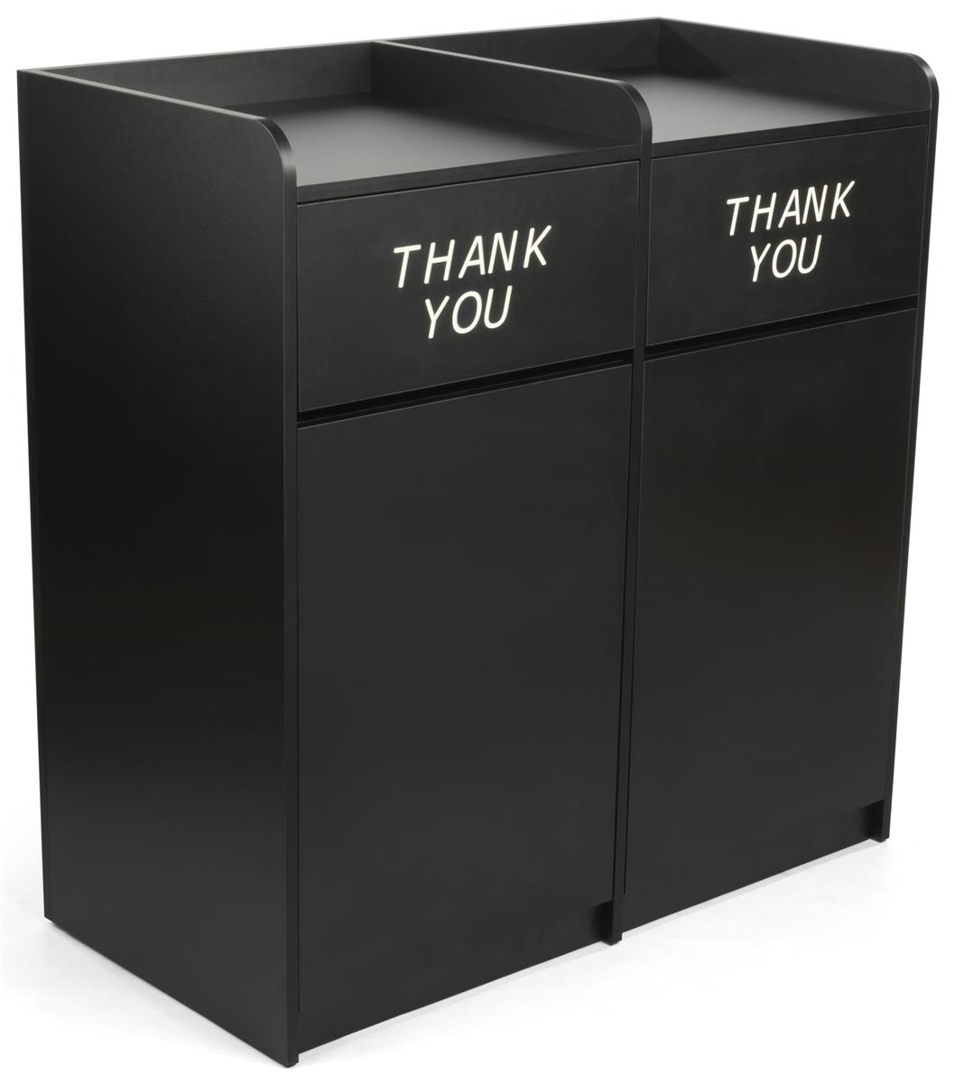 Side by side restaurant waste receptacles with "Thank You" engraved on each door 