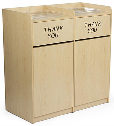 Maple wooden restaurant trash cans with hinged doors 