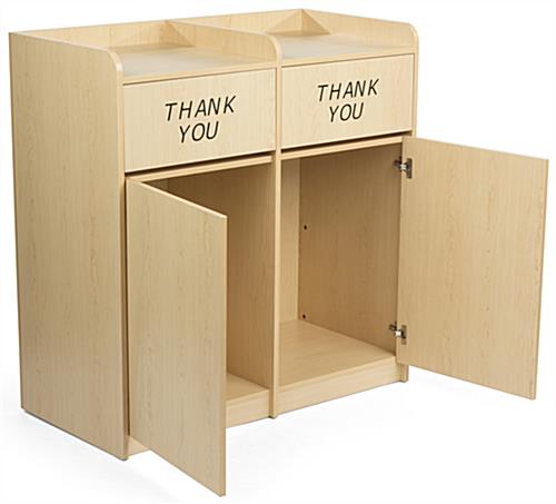 Maple wooden restaurant trash cans with shelving on top