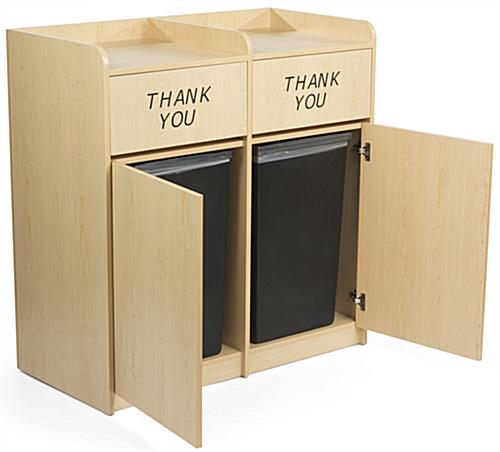 Maple wooden restaurant trash cans with swinging front doors 
