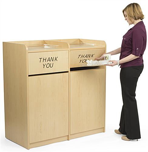 Maple wooden restaurant trash cans accommodate garbage bins or recycling bins of up to 36 gallons in size