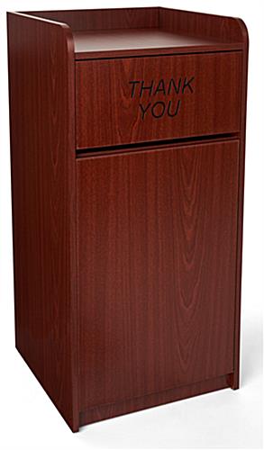 Wooden restaurant trash can with Thank You engraved message 