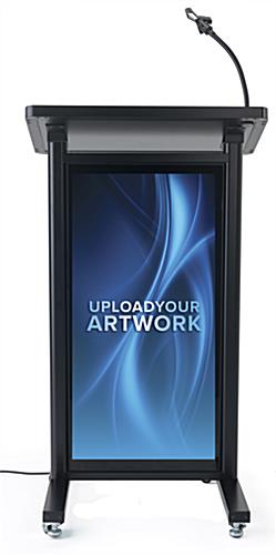Mobile lectern with custom backlit graphic and full color artwork on PET material