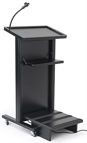 Mobile lectern with custom backlit graphic and folding metal shelf tray
