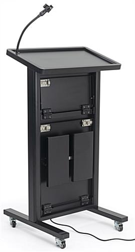 Mobile lectern with custom backlit graphic and lockable stepper and shelf