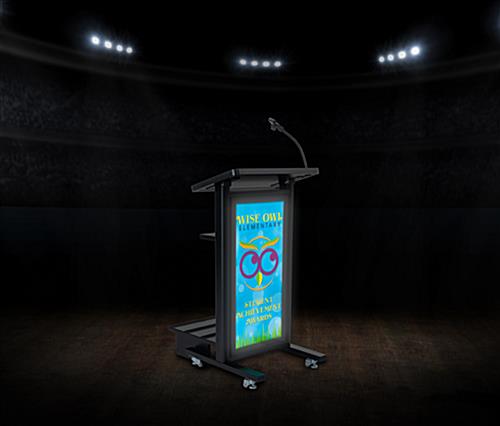 Mobile lectern with custom backlit graphic with vivid LED illumination