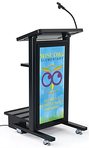 Mobile lectern with custom backlit graphic and four locking wheels