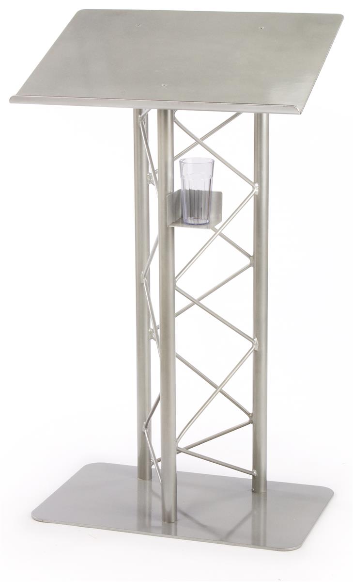 Truss Lectern for Speaker, 27W x 48H x 18.5d, Includes Cup Holder, Silver Podium Stand - Aluminum and Steel Construction