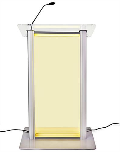 Illuminated clear acrylic podium has a color brightness setting