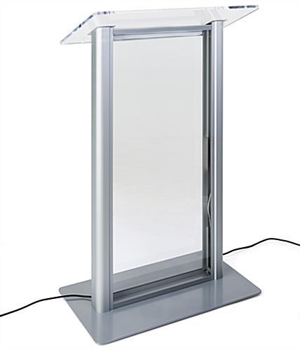 Illuminated clear acrylic podium features built-in phantom power supply