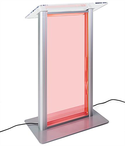 Illuminated clear acrylic podium has overall dimensions of 27 inches by 48 inches
