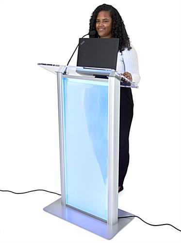 Illuminated frosted acrylic lectern with overall dimensions of 27 inches by 48 inches