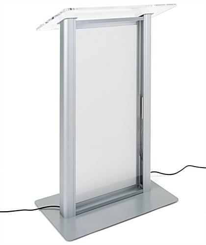 Illuminated frosted acrylic lectern has stable metal base