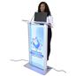 Frosted acrylic light up podium with logo has dimensions of 27 inches by 48 inches