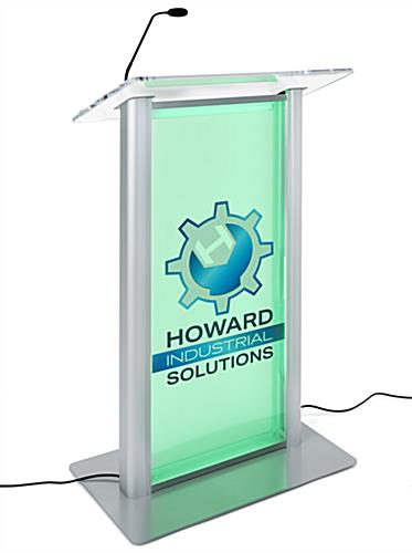 Frosted acrylic light up podium with logo and an angled top platform