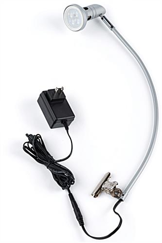 LED spotlight for exhibits with clip on clamp to attach to most poles securely