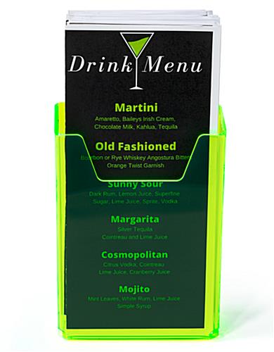 Green plastic brochure holder for indoor counter top surfaces 