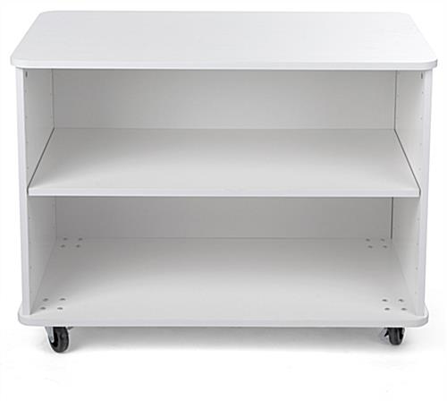 Nesting white wood display shelves with adjustable shelf height