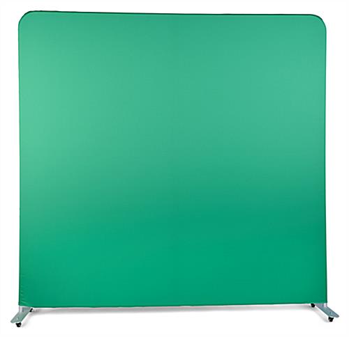 Green screen backdrop with aluminum feet on wheels from the front
