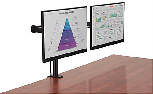 Dual monitor articulating desk mount holds up to two 27 inch computer screens 