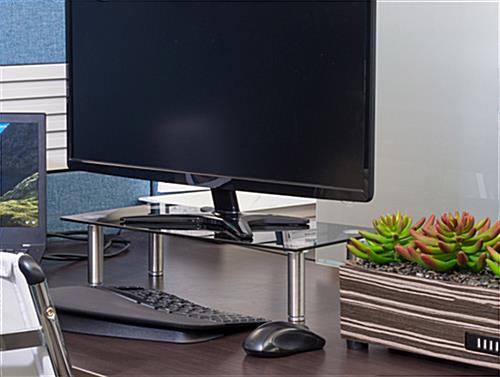Black glass desk riser with standoff legs