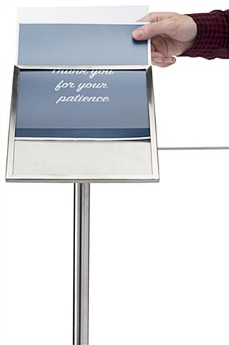 Stanchion angled gallery sign holder cap with slide-in insert slot