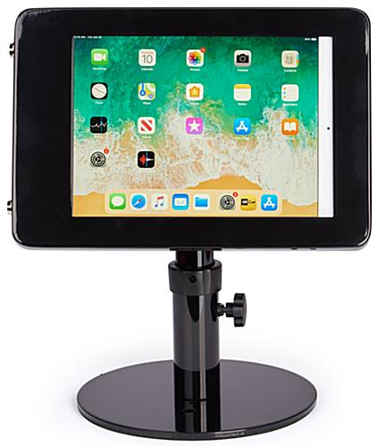Black adjustable countertop iPad stand with rotate and swivel bracket
