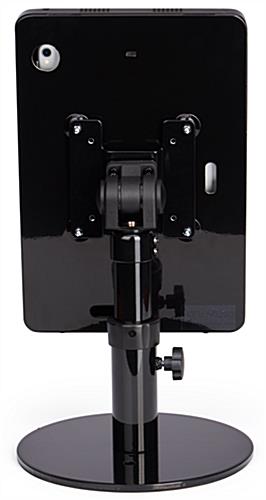 Black adjustable countertop iPad stand with exposed front and rear camera holes