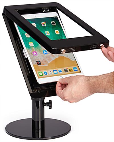 Black adjustable countertop iPad stand rotates to portrait or landscape mode