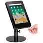 Black adjustable countertop iPad stand with dual locking enclosure and two keys