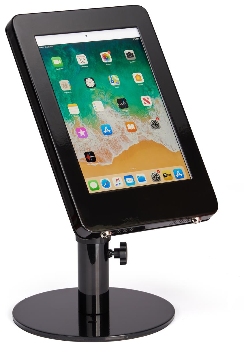 Black adjustable countertop iPad stand with powder-coated aluminum enclosure