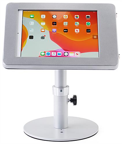 Silver adjustable countertop iPad stand with powder-coated steel base