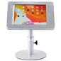 Silver adjustable countertop iPad stand with powder-coated steel base