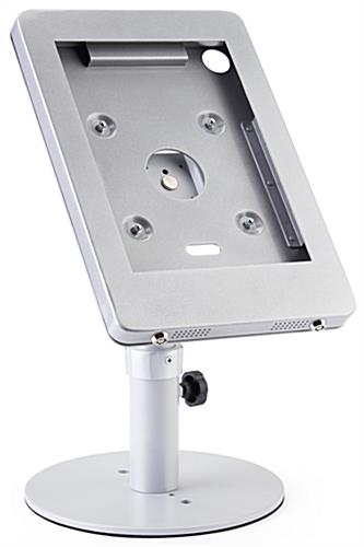 Silver adjustable countertop iPad stand with exposed holes for front and rear cameras
