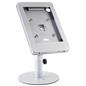 Silver adjustable countertop iPad stand with exposed holes for front and rear cameras