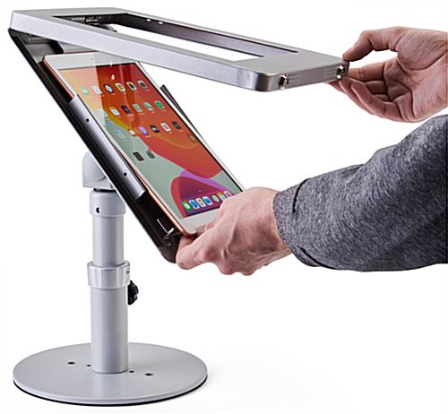Silver adjustable countertop iPad stand with weighted anti-slip base