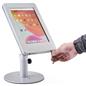 Silver adjustable countertop iPad stand with two keys and dual locking enclosure