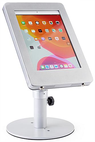 Silver adjustable countertop iPad stand rotates and swivels