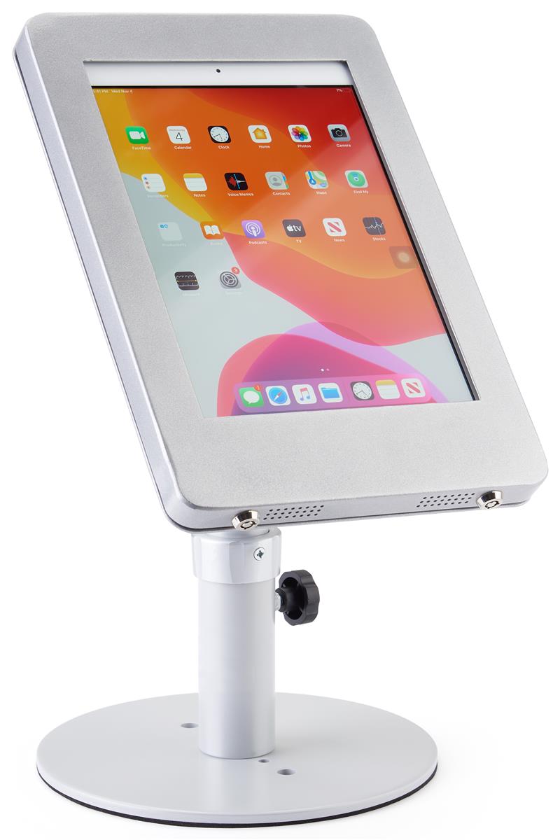 Silver adjustable countertop iPad stand rotates and swivels