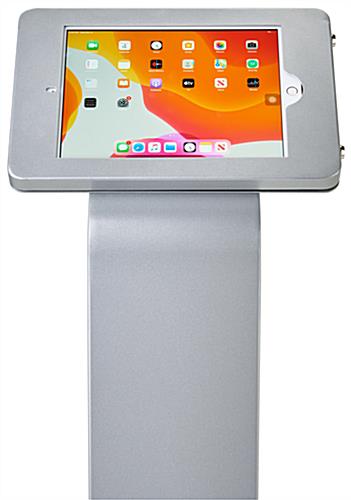 Silver locking iPad tablet floor stand rotates to portrait and landscape orientation