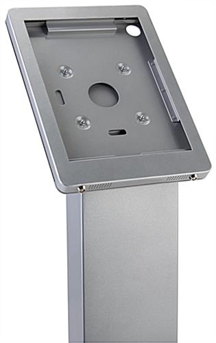 Silver rotating standing iPad floor kiosk rotates to portrait or landscape orientation