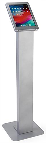 Silver rotating standing iPad floor kiosk with exposed front and rear camera holes