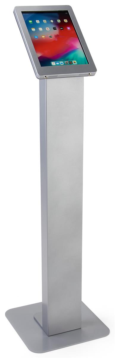 Silver rotating standing iPad floor kiosk with exposed front and rear camera holes