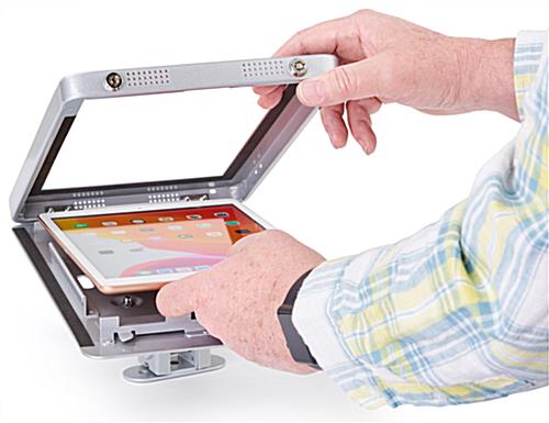 Silver locking wall mount iPad enclosure constructed with powder-coated finish aluminum