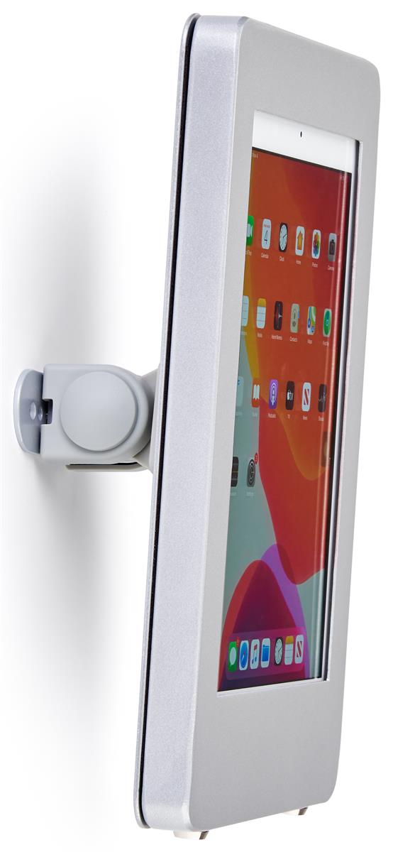 Silver locking wall mount iPad enclosure tilts and rotates